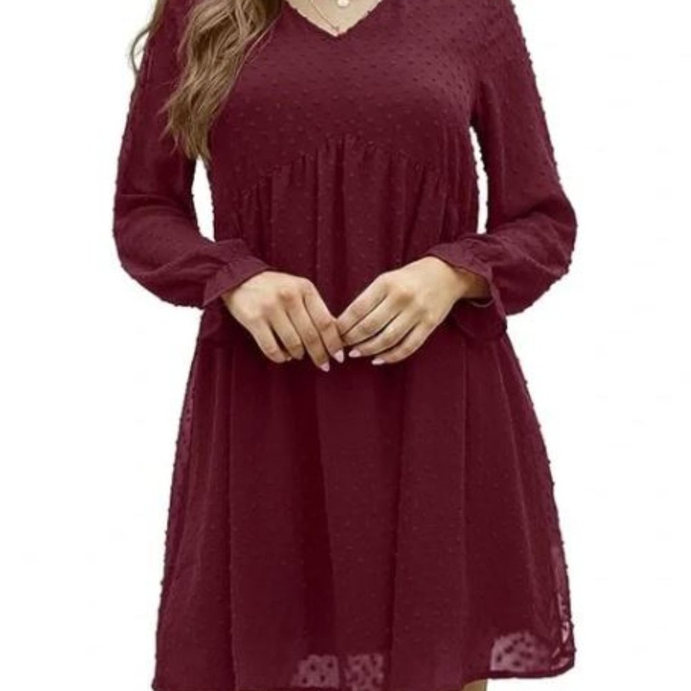 NWT Long Sleeve Swiss Dot Flowy Dress‎ in Red Wine Color. Size 14